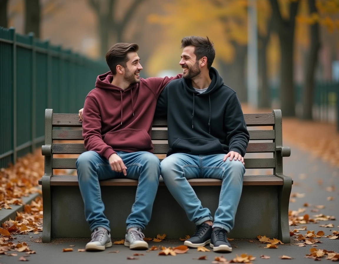 Deux jeunes hommes amis assis sur un banc en bois, riant ensemble dans un parc urbain en automne
