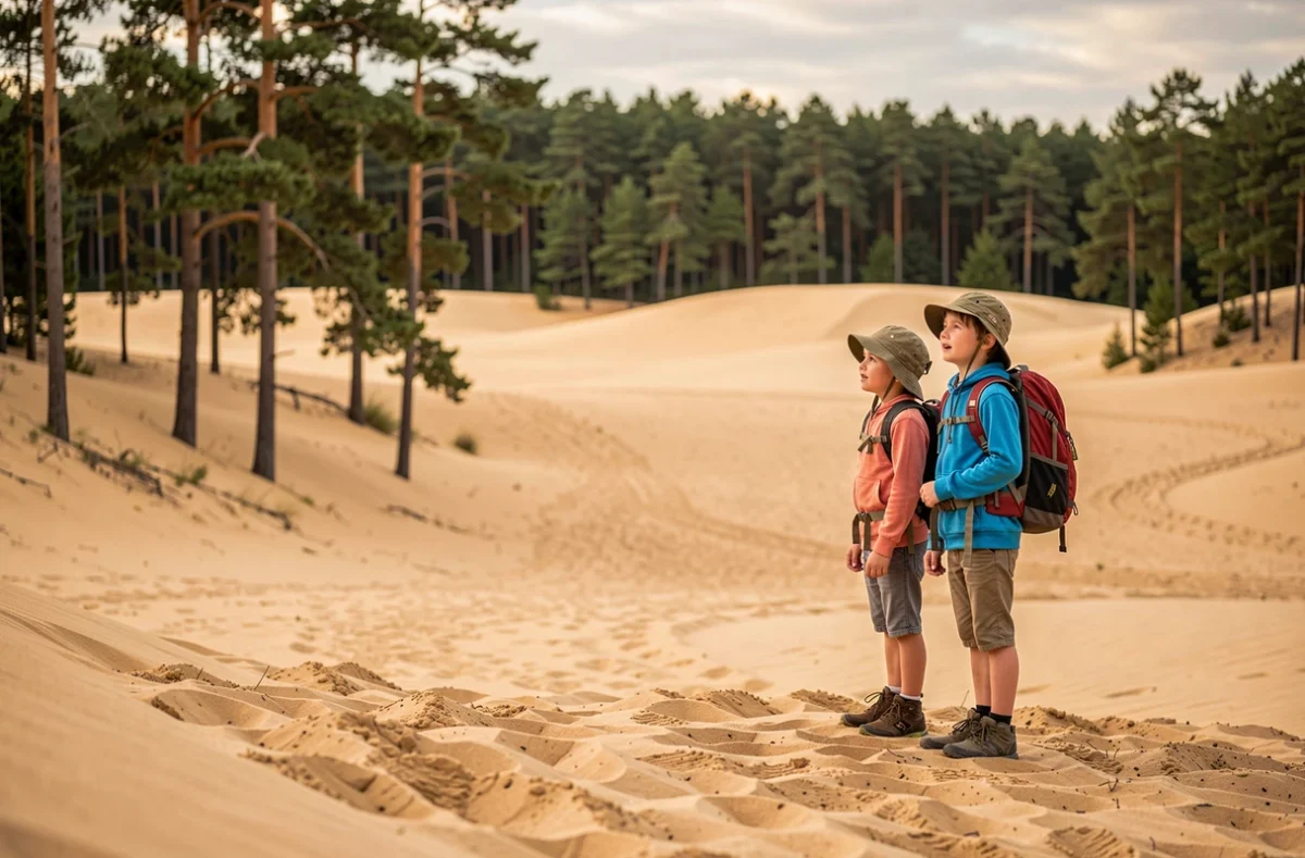 Enfants émerveillés devant les dunes de sable à La Mer de Sable d'Ermenonville dans l'Oise