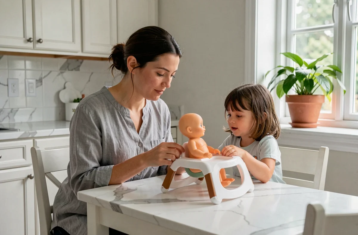 Mère et fille assises ensemble dans une cuisine lumineuse, jouant à faire semblant de nourrir une poupée, illustrant le rôle rassurant du jeu symbolique dans le développement affectif de l'enfant