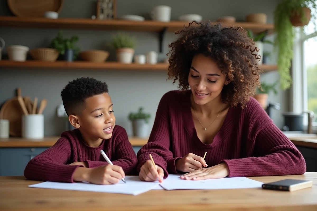 Une mère aidant son jeune fils lors d'une activité créative à la table de cuisine, moment de partage et d'éducation bienveillante