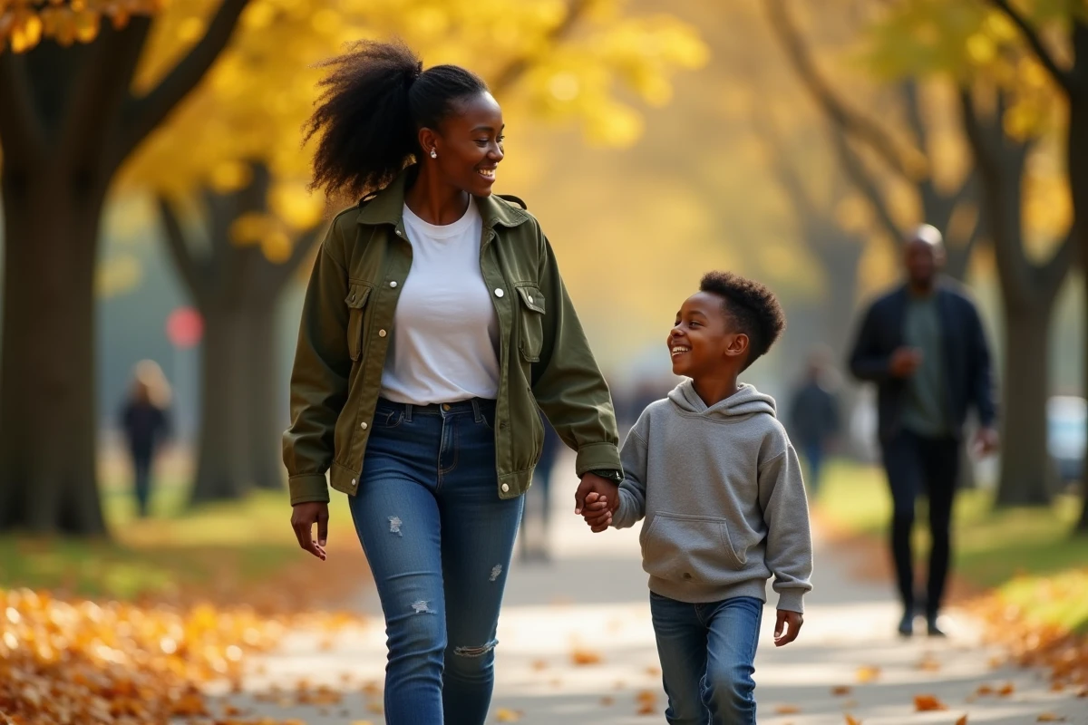 Une mère et son fils se promenant main dans la main dans un parc urbain en automne, riant ensemble parmi les feuilles dorées