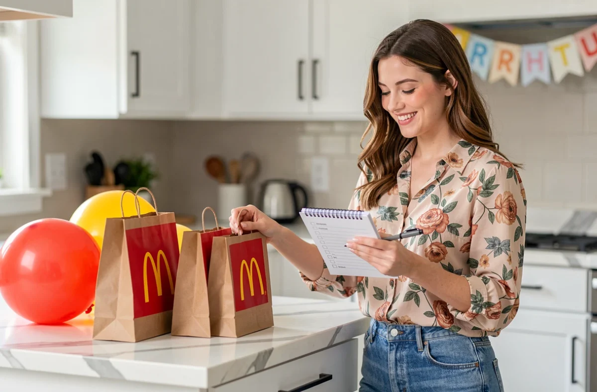 Mère sereine organisant un anniversaire McDonald's avec des sacs cadeaux et une liste de préparatifs