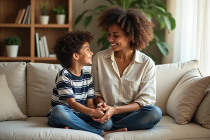 Mia Frye et son fils Chaka assis ensemble sur un canapé beige, partageant un moment de complicité mère-fils dans un salon chaleureux