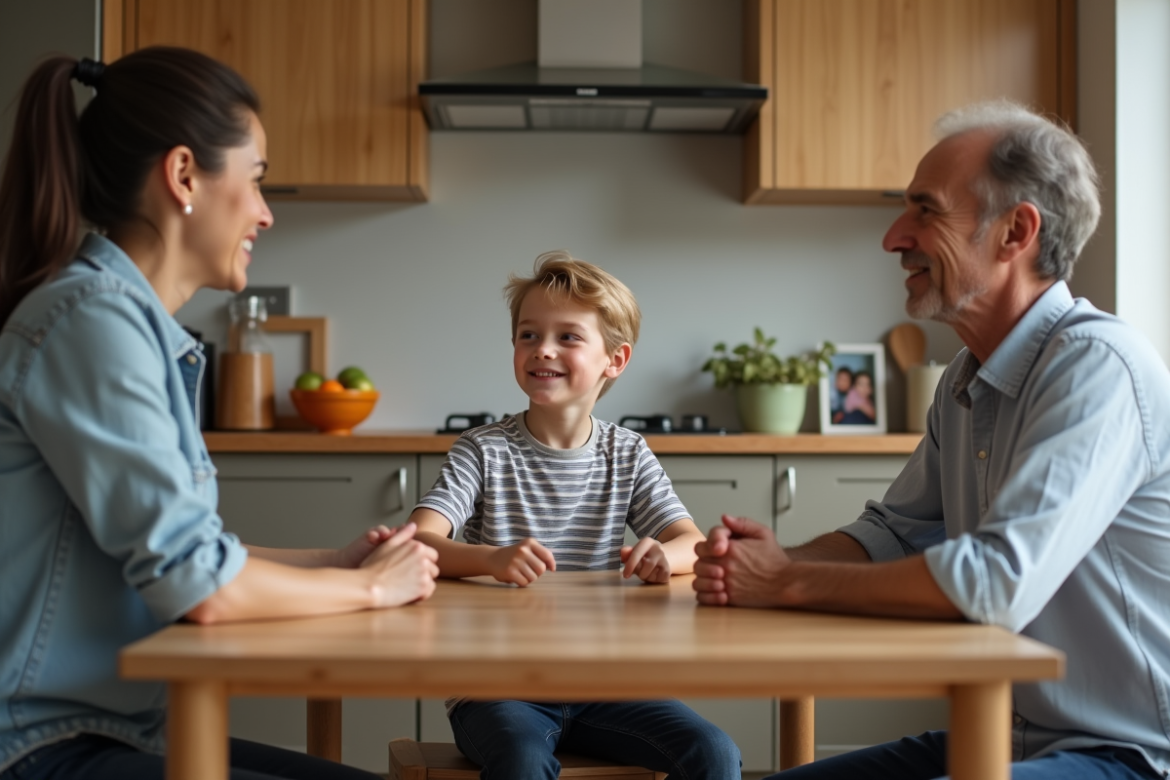 Jeune garçon de 7 ans avec mère et grand-père à table