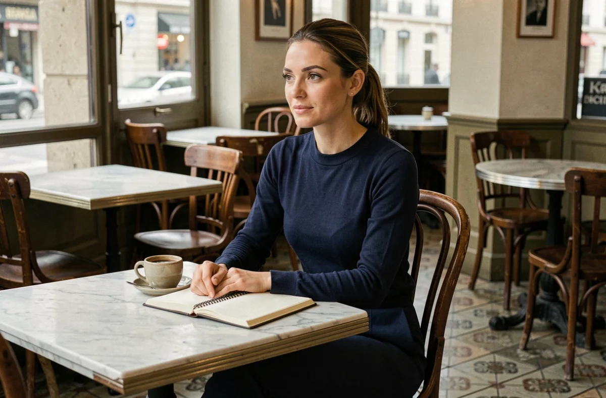 Femme assise dans un café parisien avec un carnet et un café, évoquant le parcours professionnel et la vie personnelle de Noémie Schulz