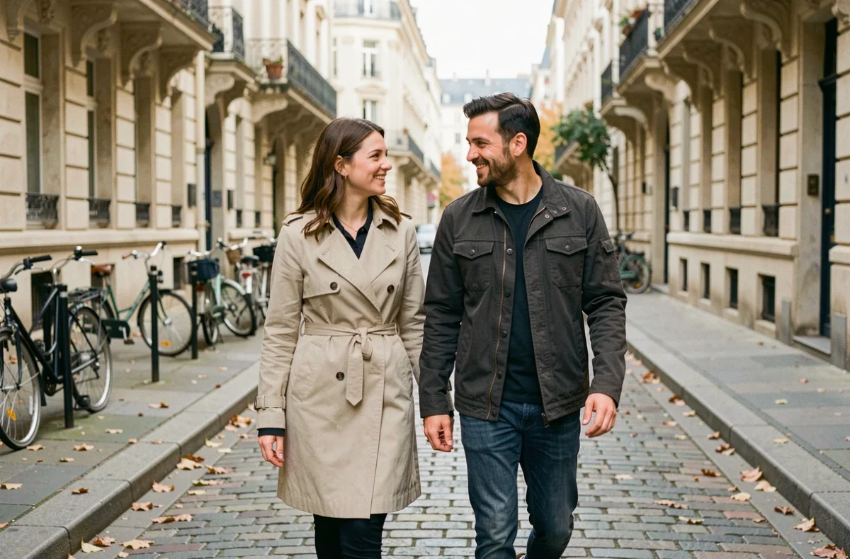 Couple se promenant dans une rue pavée parisienne en automne, illustrant la vie de couple et l'univers personnel évoqués dans l'article sur Noémie Schulz et son mari