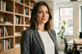 Portrait éditorial d'une femme journaliste et personnalité publique dans un bureau moderne, illustrant un article biographique sur Noémie Schulz