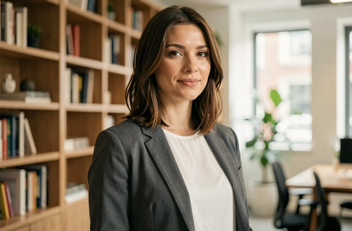 Portrait éditorial d'une femme journaliste et personnalité publique dans un bureau moderne, illustrant un article biographique sur Noémie Schulz