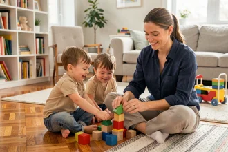 Nounou professionnelle jouant avec des enfants en bas âge sur le sol d'un salon familial chaleureux