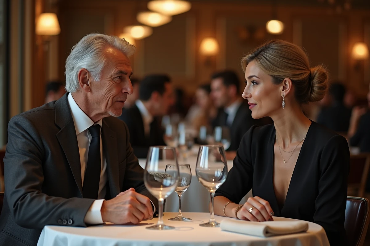 Couple discret dans un restaurant parisien, évoquant la vie privée d'Olivier Benkemoun en amour