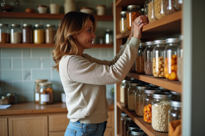 Femme organisée dans sa cuisine avec des conserves et pâtes