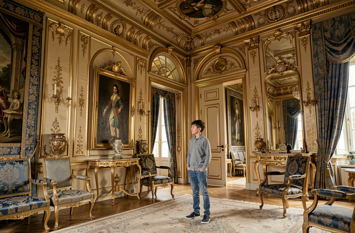 Enfant admirant les salons impériaux dorés du Palais de Compiègne dans l'Oise