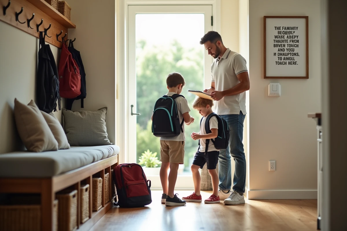 Père aide ses enfants à préparer leurs sacs à l