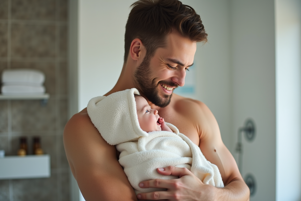 Père tenant son bébé dans une salle de bain moderne
