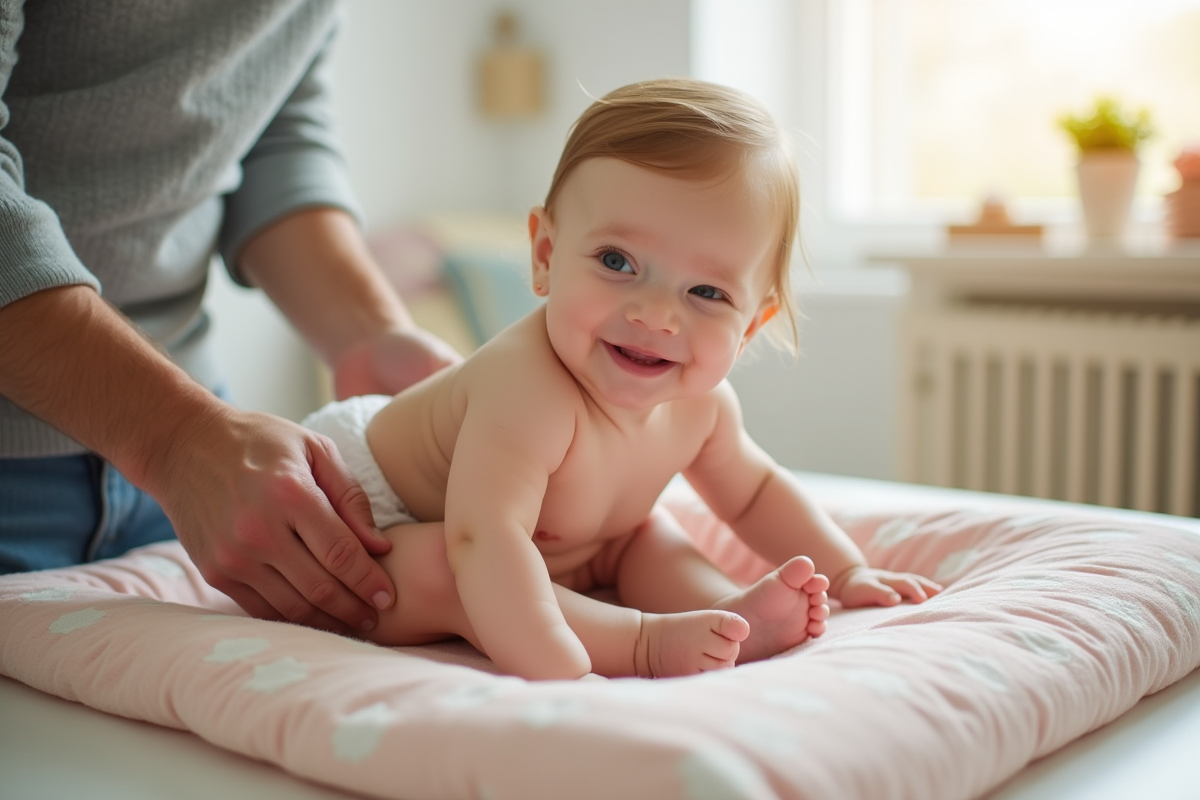 Père changeant bébé sur un tapis pastel lumineux