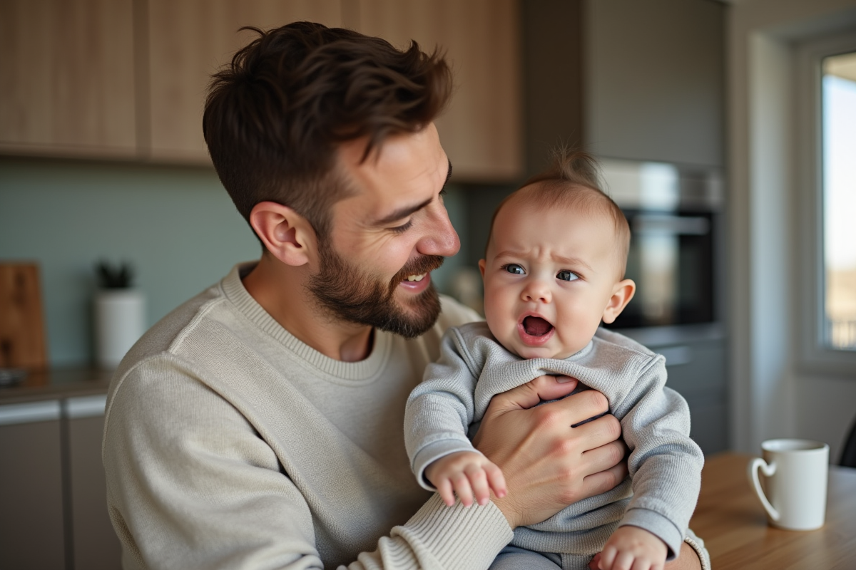 Papa rassurant sa fille dans une cuisine moderne