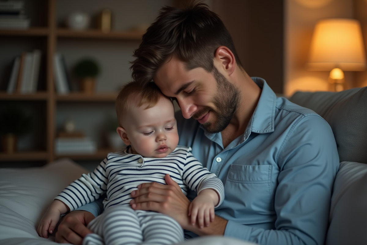 Pere réconfortant son bébé lors du coucher en soirée