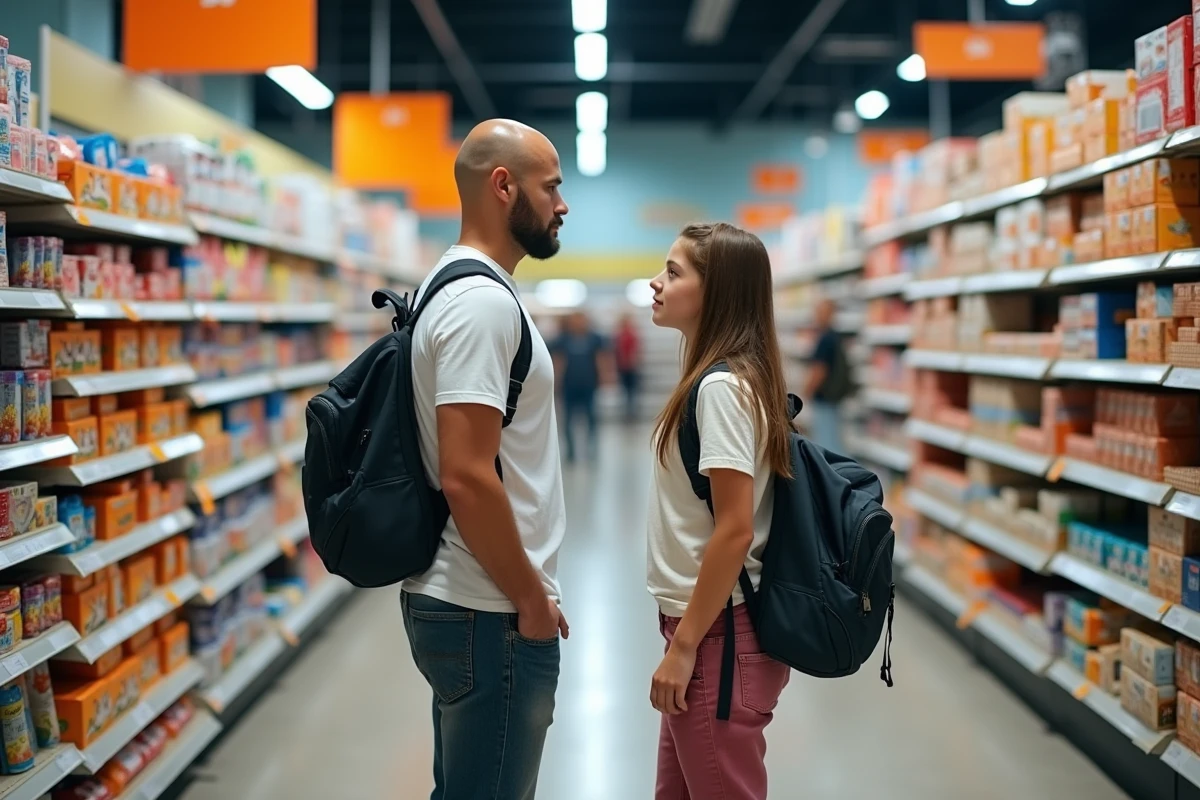 Pere et fille choisissant des fournitures scolaires en supermarche