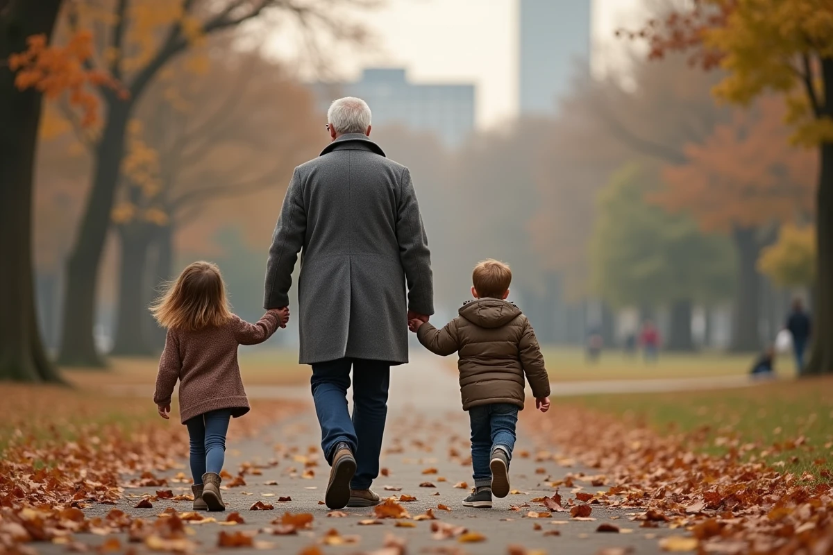 Pere et enfants marchant dans un parc automnal