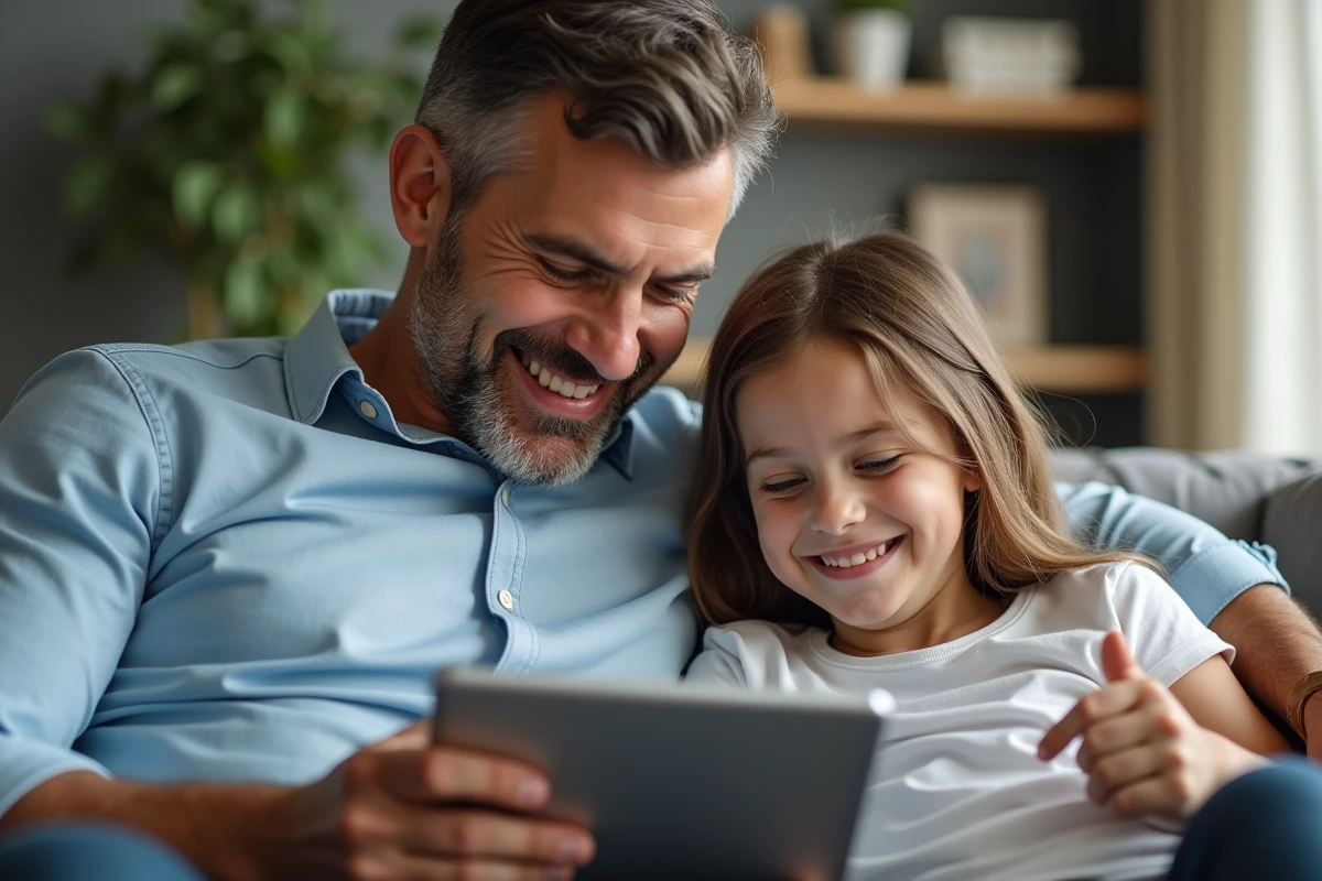 Père et fille souriants regardant une tablette ensemble dans le salon