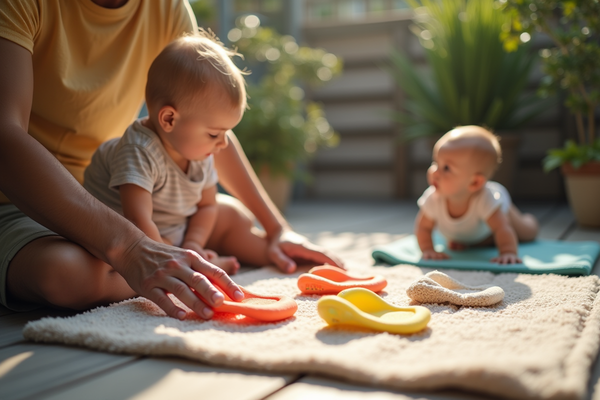 Papa inspecte et nettoie les legpads de bébé en extérieur