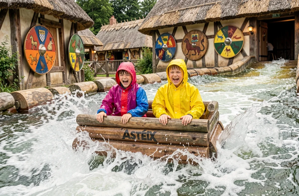 Enfants hilares sur une attraction aquatique du Parc Astérix à Plailly dans l'Oise