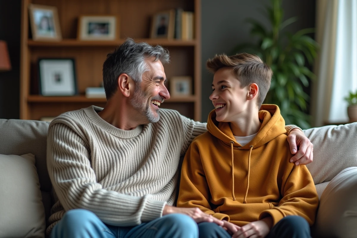 Parent et jeune adulte assis ensemble sur un canapé dans un salon chaleureux, partageant une conversation sincère sur la famille naturiste