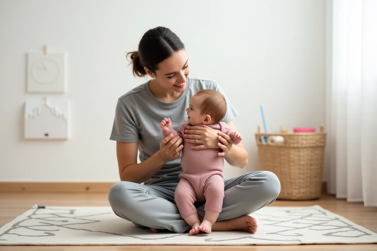 Parent soutenant son bébé en position assise sur un tapis de jeu dans une chambre d'enfant