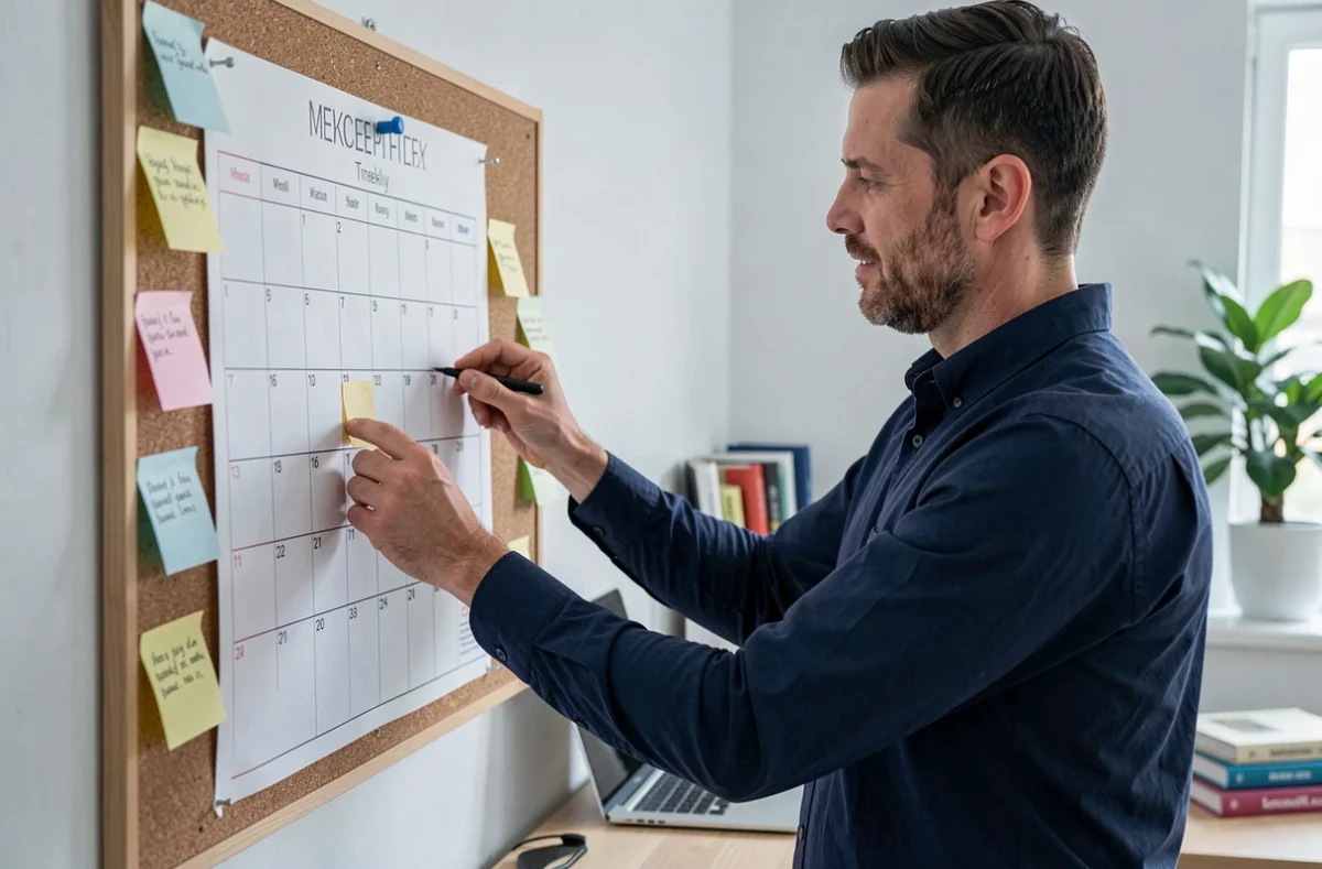 Père affichant un calendrier de garde partagée semaines paires impaires 2026 sur un tableau en liège dans son bureau