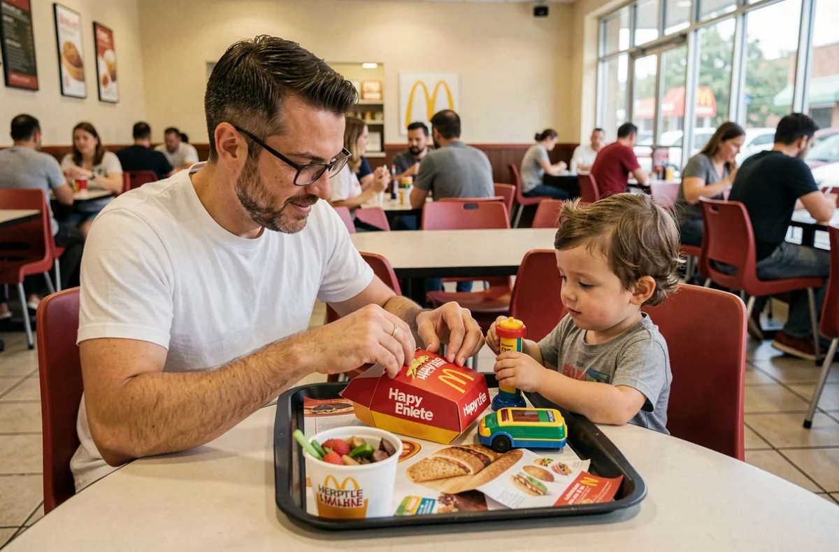 Père et enfant découvrant un Happy Meal McDonald's à table, représentant le rapport qualité-prix du menu pour enfants