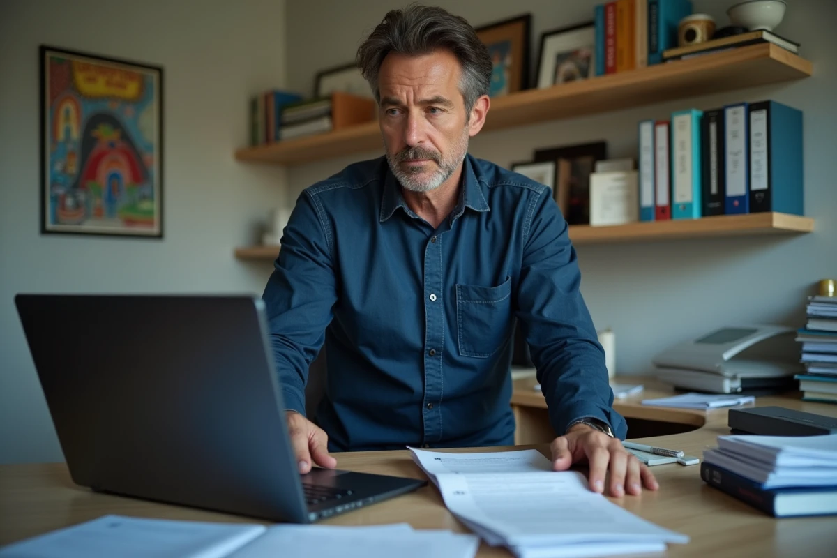 Père isolé consultant ses documents administratifs sur ordinateur pour sa déclaration de parent isolé 2026