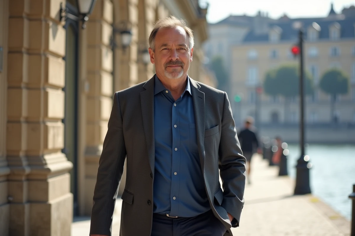 Figure politique française en promenade sur les quais de Bordeaux avec l'architecture bordelaise en arrière-plan