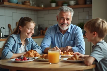 Famille souriante partageant un petit déjeuner convivial