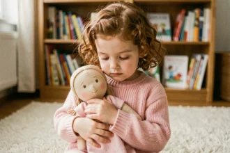 Petite fille aux cheveux bouclés qui berce tendrement une poupée en tissu dans un salon chaleureux, illustrant le lien affectif entre l'enfant et son jouet