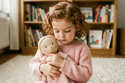 Petite fille aux cheveux bouclés qui berce tendrement une poupée en tissu dans un salon chaleureux, illustrant le lien affectif entre l'enfant et son jouet