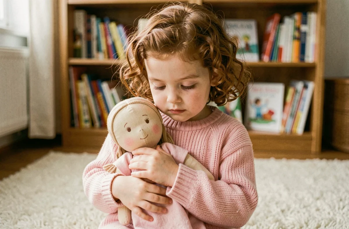 Petite fille aux cheveux bouclés qui berce tendrement une poupée en tissu dans un salon chaleureux, illustrant le lien affectif entre l'enfant et son jouet