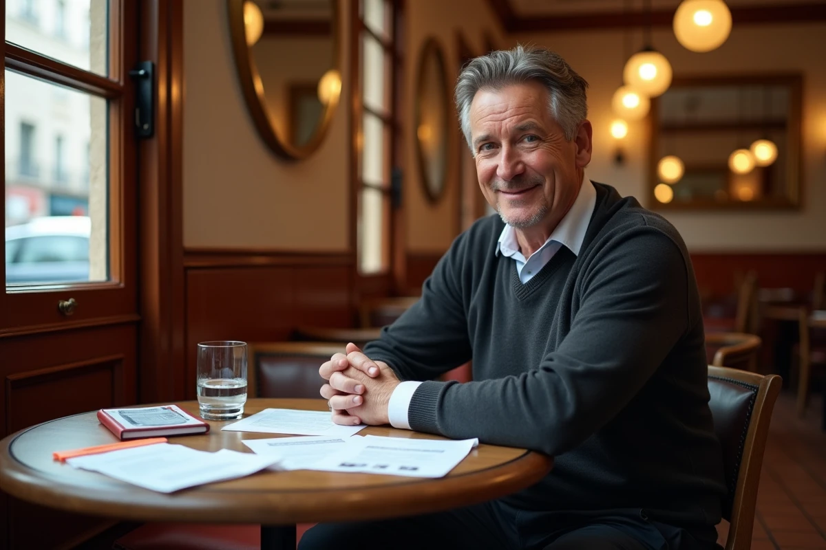 Homme politique français en discussion informelle dans une brasserie parisienne traditionnelle