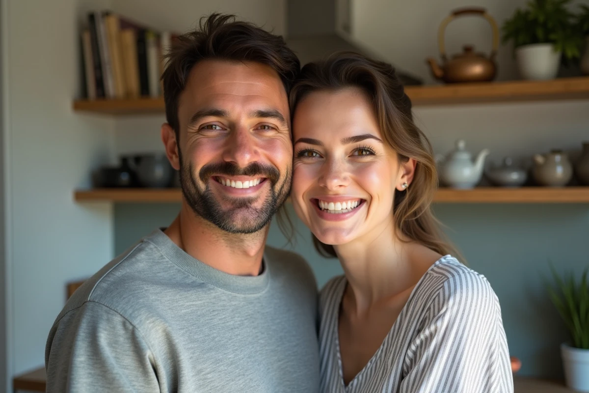 Portrait de couple souriant dans une cuisine moderne