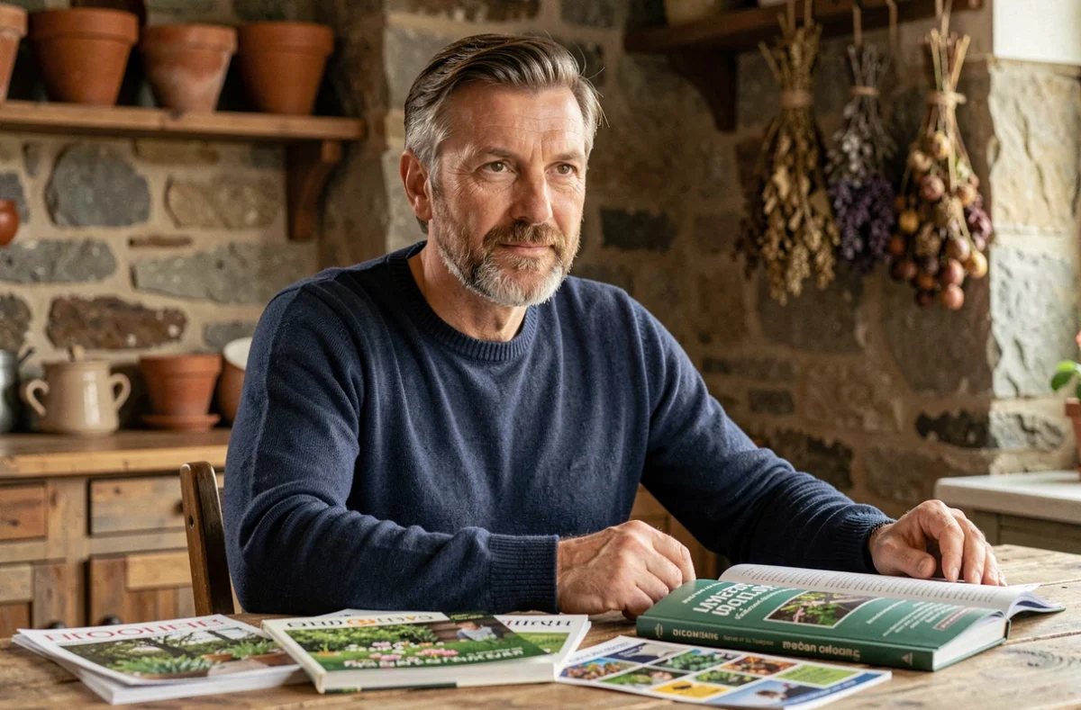 Portrait intimiste d'un homme passionné de jardinage dans une cuisine rustique à la campagne, entouré de livres de botanique et de plantes séchées