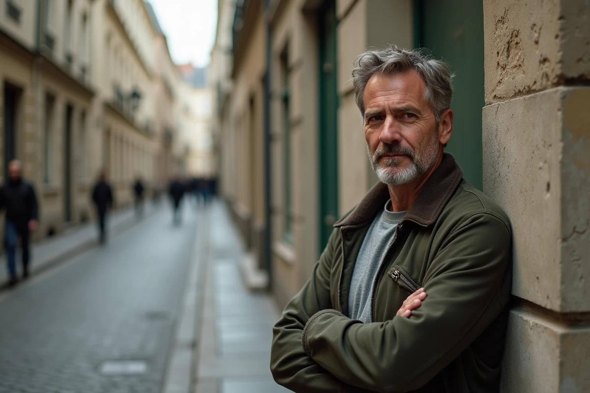Portrait d'un homme pensif dans une rue parisienne en pierre, ambiance musicale et culturelle française