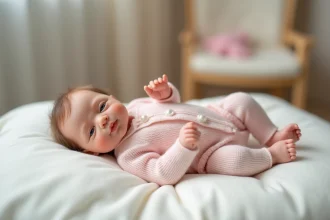 Poupée bébé reborn fille très réaliste allongée sur une couverture blanche douce dans un cadre de chambre de bébé