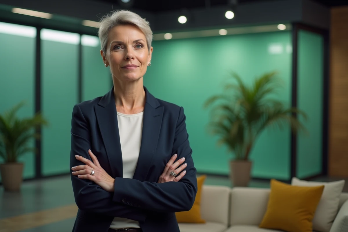 Portrait professionnel d'une présentatrice télévisuelle dans les coulisses d'un studio de télévision en 2026