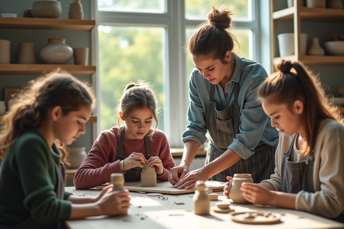 Jeune femme professeur guidant des adolescents en sculpture