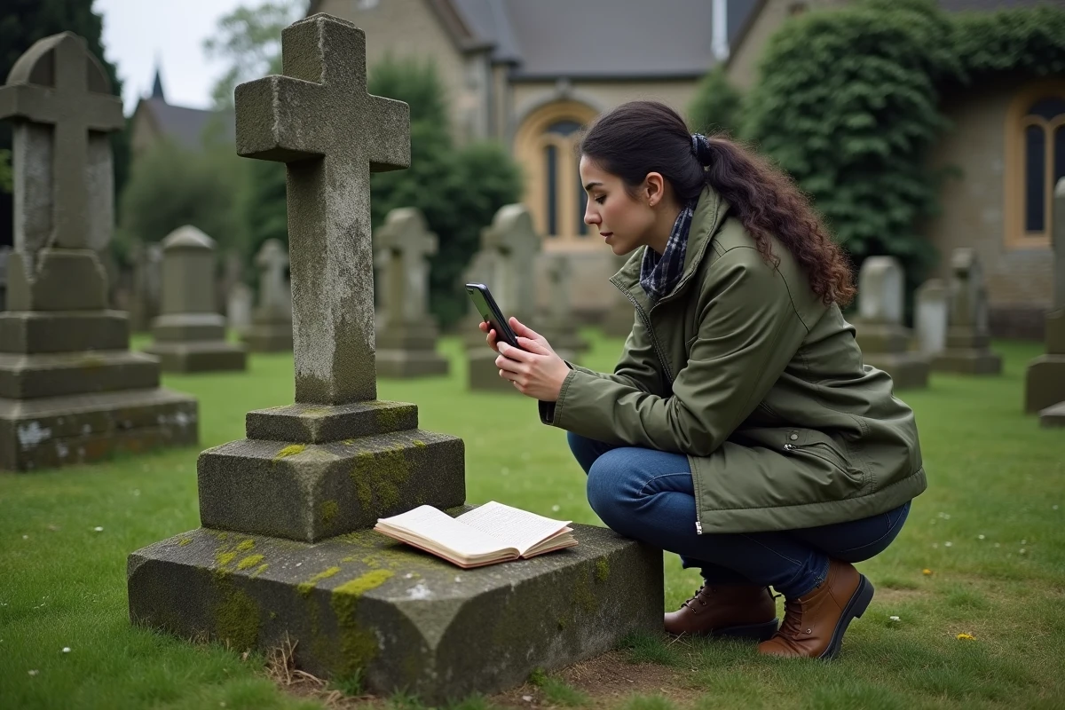 Jeune femme photographiant une pierre tombale ancienne dans un cimetière rural français lors d'une recherche généalogique de terrain