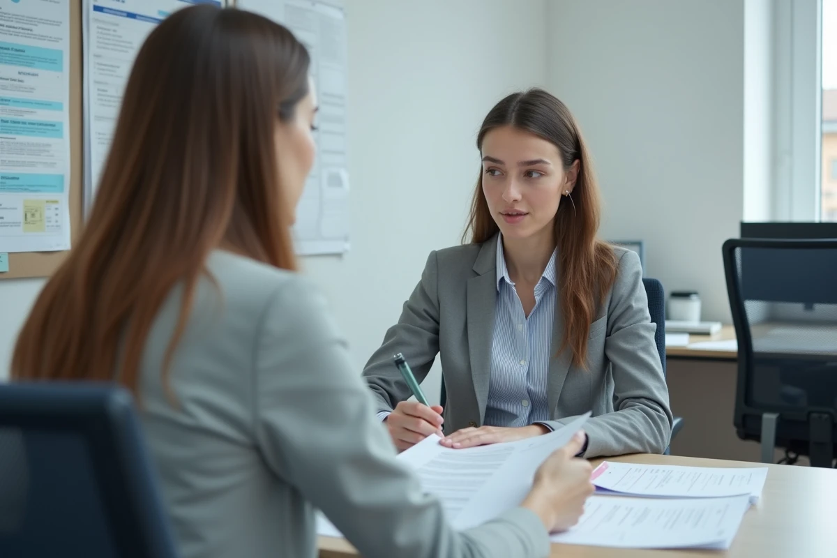 Femme en rendez-vous à Pôle emploi pour calculer ses indemnités de congé maternité