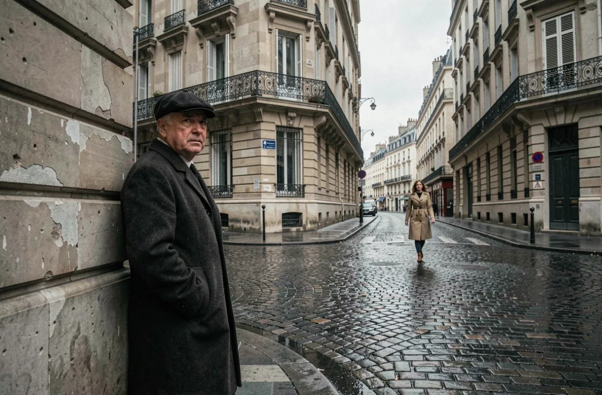 Rue pavée parisienne des années 1970 avec deux silhouettes mystérieuses évoquant la rencontre entre Jacques Mesrine et María de la Soledad dans une atmosphère de film noir