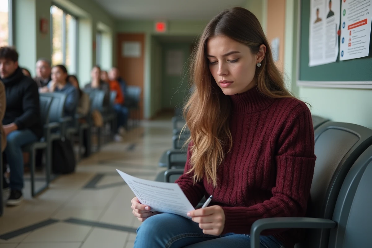 Jeune femme consultant une liste de pièces justificatives pour une demande de parloir dans une salle d'attente administrative
