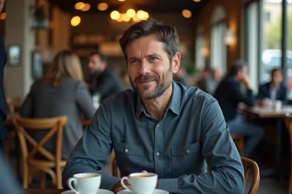 Homme en interview dans un café parisien, évoquant sa vie de couple avec naturel et sincérité