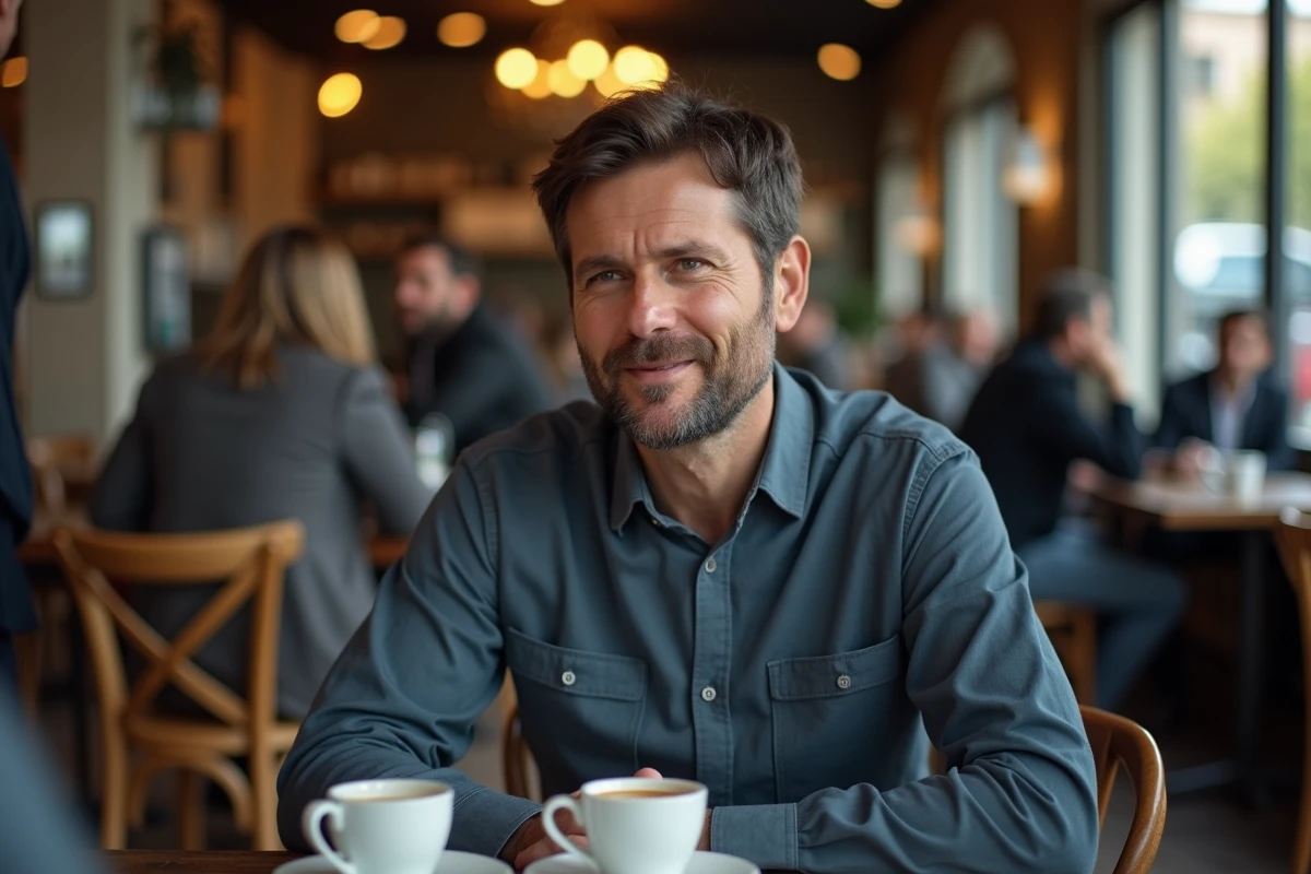 Homme en interview dans un café parisien, évoquant sa vie de couple avec naturel et sincérité
