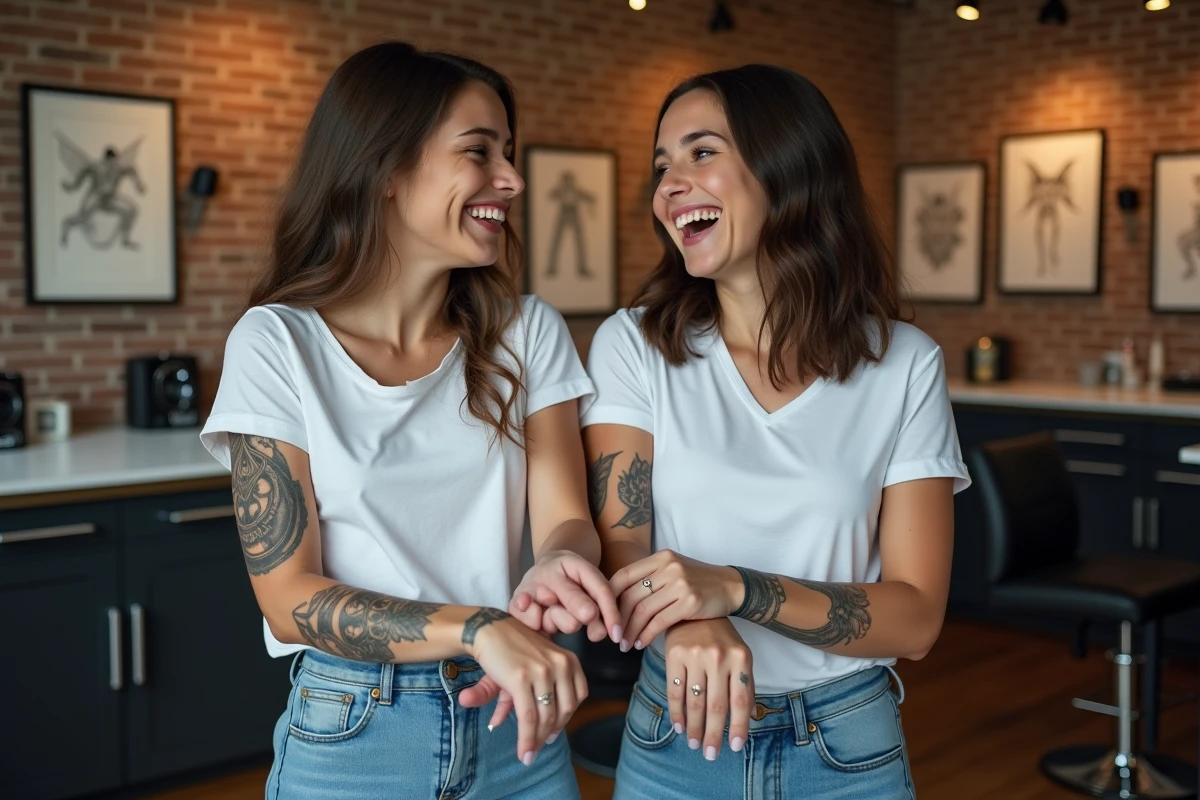 Jumelles jeunes femmes admirant leurs tatouages dans un studio moderne